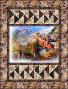 an image of a moose in the wilderness with mountains and trees behind it, as well as triangles