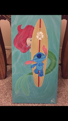 the little mermaid is riding on a surfboard