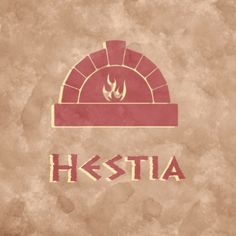 the word hestia written in red and gold on a beige background with an oven