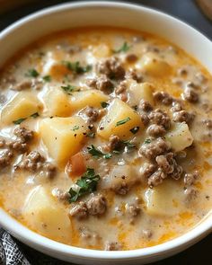 a bowl of soup with meat and cheese in it sitting on a black tablecloth