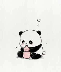 a panda bear sitting on the ground drinking from a cup