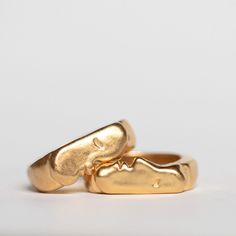 Oxbow's signature Kiss Rings come as a set of two. You can select two of the same size if you intend to wear them together, or choose two different sizes if you want to gift one or wear them on different fingers. Ring one is pictured on the bottom of the first photo & is the face with the nose. Details: Vermeil rings Original design carved in wax and cast Signet style *please note, the kiss rings have a thick band, and most people prefer to size up by 1/2 size. This is just a note, I always recommend getting sized for accuracy! All Oxbow jewelry is made in and ships from our Denver studio. Rings Gold, The Kiss, The Nose, Cute Jewelry, Original Design, The Face, Sterling Silver Rings, Original Designs, Gold Plate