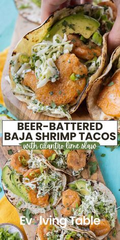 two tacos that are sitting on top of each other with the title beer - battered,