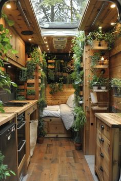 the interior of an rv with plants growing in it's walls and wood flooring