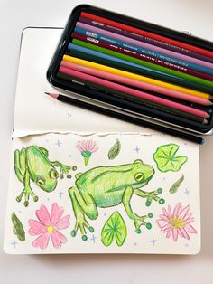 colored pencils are sitting next to a drawing book with frog images on it and flowers