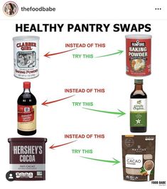 the ingredients for healthy pantry swaps are labeled in red and green, with an arrow pointing