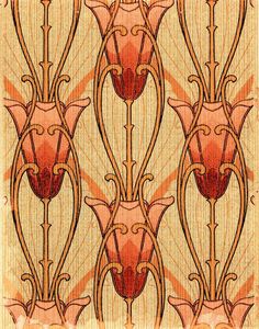 an art nouveau style wallpaper with red and orange flowers on it's side