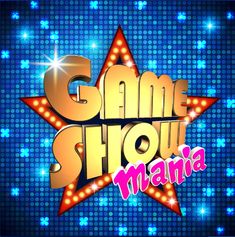 the game show mania logo on a blue background with bright lights and stars in the shape of a star