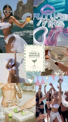 the collage shows various photos of women in bikinis