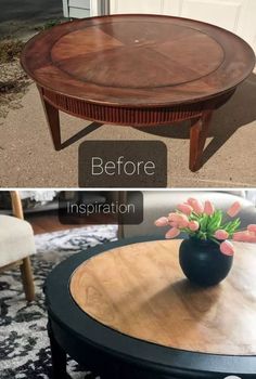 before and after photos of a coffee table with flowers in the center, on top of a rug