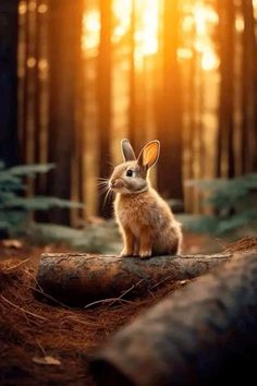 a small rabbit sitting on top of a log in the middle of a wooded area