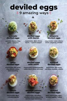 an image of deviled eggs with different types of toppings on them and instructions for how to make deviled eggs