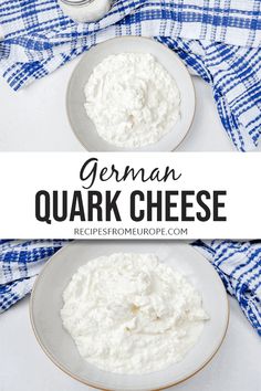 two plates with cheese on them and the words german quark cheese