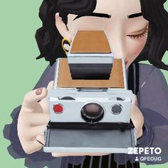 a woman holding an old camera in front of her face with the words zepeto on it