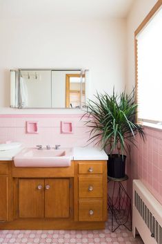 a bathroom with pink tile and wooden cabinets, two sinks and a plant in the corner