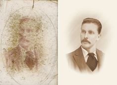 an old photo of a man with a mustache next to a portrait of a man in a suit