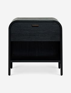 a black night stand with two drawers on one side and an open drawer on the other