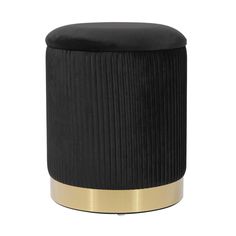 a black and gold stool with a velvet seat cover on the bottom, along with a metal base