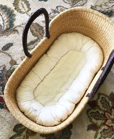 a baby bassinet is sitting on the floor in front of a carpeted area