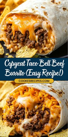 Craving Taco Bell? This easy copycat recipe nails the flavors of their classic beef burrito. Loaded with seasoned beef, rice, Fritos, and cheese, it's a guaranteed crowd-pleaser! #tacobell #copycatrecipe #beefburrito #mexicanfood #easyrecipe Copycat Taco Bell Bean Burrito, Frito Cowboy Cabbage, Dinner Copycat Recipes, Taco Bell Beef Burrito Recipe, Taco Tuesday Ideas Easy Dinners, Supper Ideas Ground Beef, Mexican Hamburger Recipes, Burrito Meat Recipe, Easy Big Family Dinner Ideas