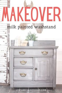 an old dresser painted white and gold with the words makeover on it's side