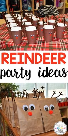 reindeer party ideas with brown paper bags and red nose noses on the table in front of them