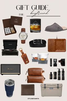 the gift guide for boyfriends is shown with leather accessories and personal care items in it