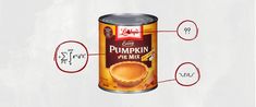 a can of pumpkin pie mix labeled in red and white labels with the names below it