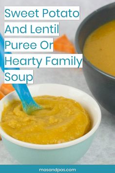 a bowl of sweet potato and lentil pure or hearty family soup with carrots in the background