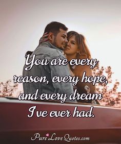 a man and woman kissing in front of a car with the words you are every reason,