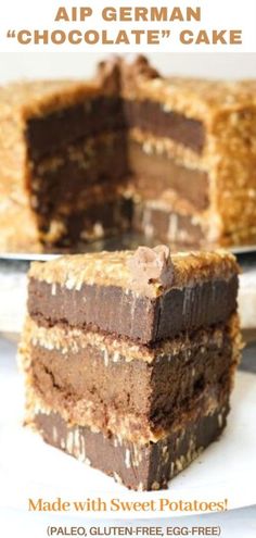 two pieces of cake sitting on top of a white plate with the words, made with gluen - free egg free chocolate cake