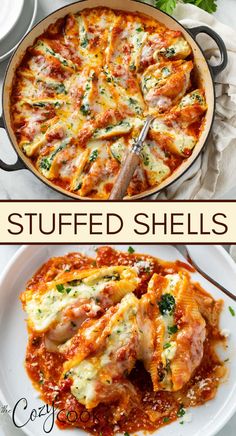 two different views of stuffed shells with sauce and parmesan cheese on the side