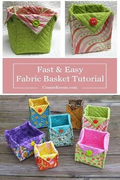 the instructions for how to make an easy and cute fabric basket with pockets on each side