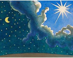 a painting of the night sky with stars and clouds