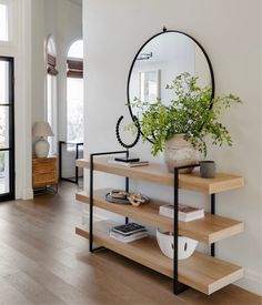 a mirror on the wall above a shelf with a potted plant next to it