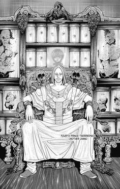 a black and white drawing of a person sitting on a throne in front of bookshelves