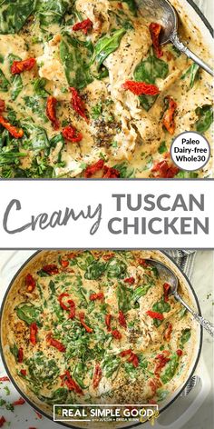 creamy tuscann chicken with spinach and red peppers in a skillet