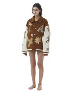 Vendor: AINT SHY 2024AW Collection Material: Sleeves: 100% PU; Body: 8% cashmere 92% Australian wool Oversized Brown Wool Outerwear, Brown Long Sleeve Varsity Jacket For Winter, Training Sneakers, Hoodie Set, Funky Shoes, Baseball Jacket, Short Jacket, Shirt Skirt, Sweater And Shorts