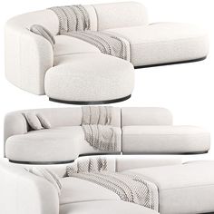 three different views of a white couch and chair with pillows on the back, from left to right