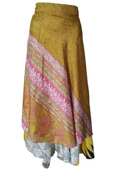 "1.Product Details: . Item : 1 PC Vintage Silk Saree wrap skirt Size : Long Length 36\" inches : Waist Width 48\" inches Fabric: Vintage Silk Saree fabric 2. Product Description: This Vintage Silk Saree/ Skirt / Wrap Around Made by Vintage Silk Fabric. This Wrap Has Two Layers With Different Colors & Patterns. A Perfect Wrap Around With Strap for Easy to Wear. Useful for all weathers and very comfortable.. Shipping Policy: We ship The Item Worldwide By FEDEX , UPS and by BOMBINO services." Bohemian Flared Wrap Skirt For Festival, Traditional Yellow Skirt For Summer, Festival Flared Wrap Skirt With Lining, Traditional Yellow Summer Skirt, Hippie Summer Wrap Skirt, Bohemian Wrap Skirt Relaxed Fit, Yellow Long Skirt For Festival, Bohemian Yellow Skirted Bottoms, Bohemian Multicolor Asymmetrical Maxi Skirt