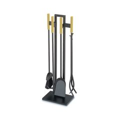 a black and yellow fireplace tool set on a stand with two tongs in it