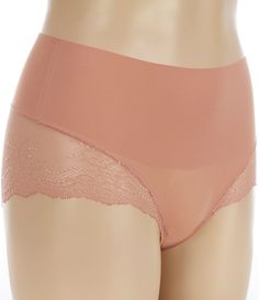 From Spanx&#x2C; this panty features:non-show lace fabrication elastic-free edgescomfortable smoothing at the bonded waistbandbody & lace of nylon/spandex; gusset of cottonmachine washImported. Pink Lace Bottoms With Contrast Lace, Fitted Lace Bottoms With Full Coverage, Fitted Full Coverage Bottoms With Lace Trim, Fitted Lace Trim Full Coverage Bottoms, Fitted Lace Trim Bottoms With Full Coverage, Fitted Bottoms With Lace Trim And Full Coverage, Stretch Lace Shapewear With Lace Trim, Shaping Brief Bottoms With Lace Trim, Seamless Full Coverage Lace Bottoms