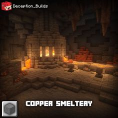 a screenshot of a cave with the words copper smeltry on it and an image of a fireplace in the background