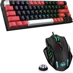 a computer keyboard and mouse with red and green lights on the keys, next to each other