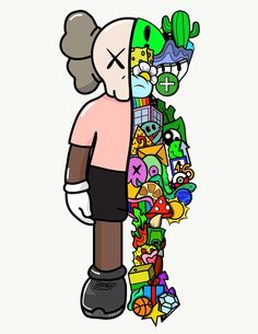 an image of a cartoon character with many different things on his face and head, standing in front of a white background