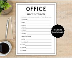 an office word scramble is shown on a desk with a cup of coffee and pen