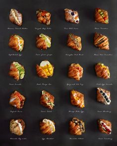 an assortment of croissants with different toppings are shown on a black surface