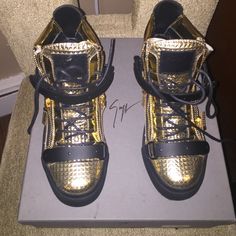 Black And Gold Giuseppe Zanotti Design Sneakers Design Sneakers, Zanotti Shoes, Giuseppe Zanotti Shoes, Selling On Poshmark, Miu Miu Ballet Flats, Free Items, Luxury Items, Giuseppe Zanotti, Black And Gold