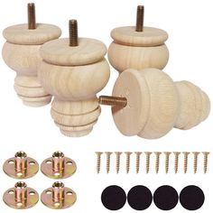 four wooden knobs and two screws are shown in this image with the hardware needed