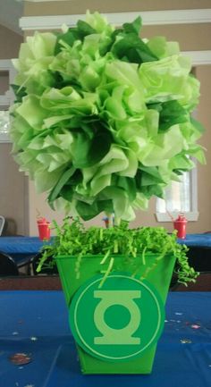 a green potted plant sitting on top of a blue table